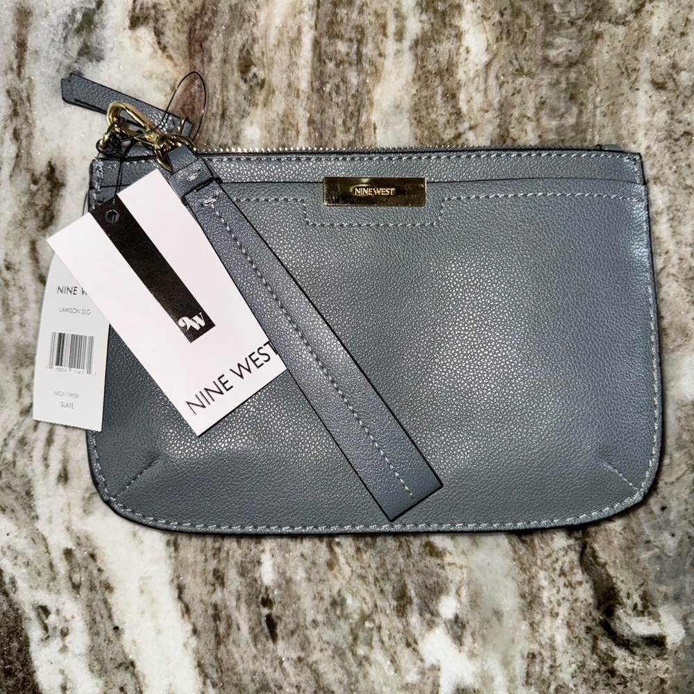 NWT Nine West Lawson Wristlet- Faux Leather- Slate with Gold Accents